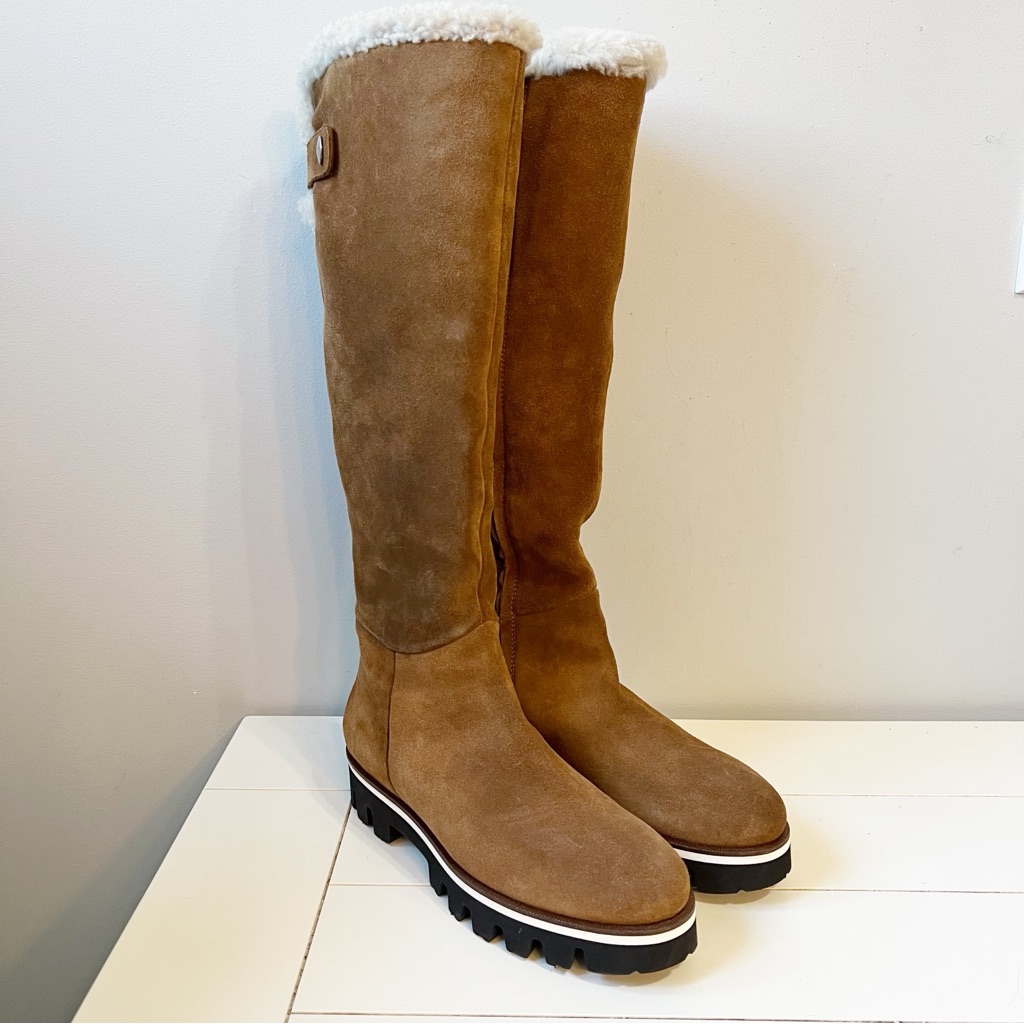Aquatalia Mya Suede Waterproof Lug Sole Shearling Tall Boots Walnut Brown Size 7